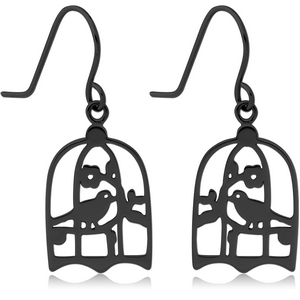 BLACK PVD COATED SURGICAL STEEL EARRINGS - BIRD IN CAGE
