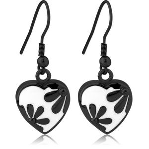 BLACK PVD COATED SURGICAL STEEL EARRINGS WITH ENAMEL - HEART WITH FLOWERS