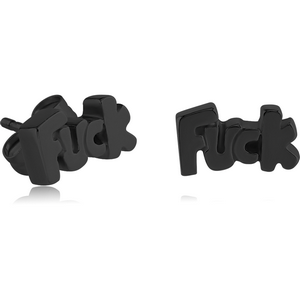 BLACK PVD COATED SURGICAL STEEL EAR STUDS PAIR - FUCK