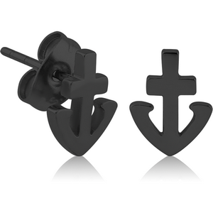 BLACK PVD COATED SURGICAL STEEL EAR STUDS PAIR - ANCHOR
