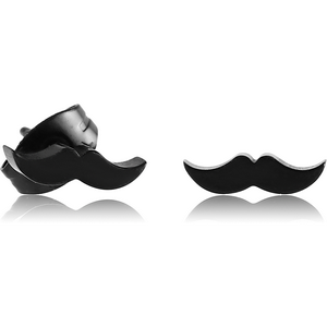 BLACK PVD COATED SURGICAL STEEL EAR STUDS PAIR - MUSTACHE