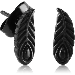 BLACK PVD COATED SURGICAL STEEL EAR STUDS PAIR - FEATHER