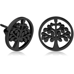 BLACK PVD COATED SURGICAL STEEL EAR STUDS PAIR - TREE
