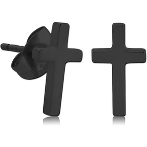 BLACK PVD COATED SURGICAL STEEL EAR STUDS PAIR - CROSS