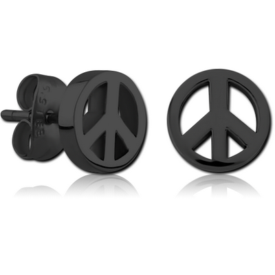 BLACK PVD COATED SURGICAL STEEL EAR STUDS - PEACE SIGN