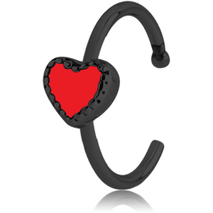 BLACK PVD COATED SURGICAL STEEL OPEN NOSE RING WITH ENAMEL - HEART
