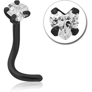 BLACK PVD COATED SURGICAL STEEL CURVED PRONG SET HEART JEWELLED NOSE STUD
