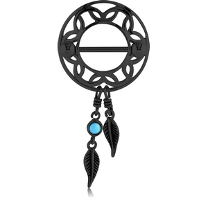 BLACK PVD COATED SURGICAL STEEL TURQUOISE DREAMCATCHER WITH FEATHERS NIPPLE SHIELD