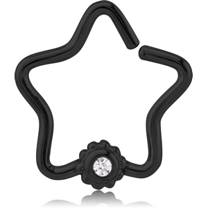 BLACK PVD COATED SURGICAL STEEL JEWELLED OPEN STAR SEAMLESS RING
