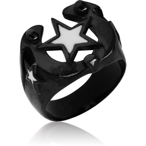 BLACK PVD COATED SURGICAL STEEL RING WITH ENAMEL - 3 STARS