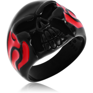 BLACK PVD COATED SURGICAL STEEL RING WITH ENAMEL - STAR WITH SKULL