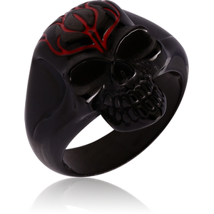 BLACK PVD COATED SURGICAL STEEL RING WITH ENAMEL - SKULL