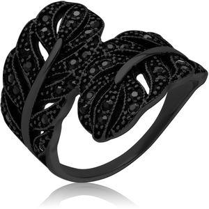 BLACK PVD COATED SURGICAL STEEL JEWELLED RING - TWO LEAF