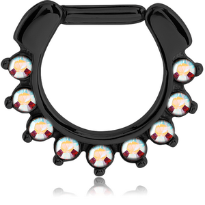 BLACK PVD COATED SURGICAL STEEL ROUND JEWELLED HINGED SEPTUM CLICKER