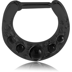BLACK PVD COATED SURGICAL STEEL ROUND JEWELLED HINGED SEPTUM CLICKER WITH SYNTHETIC ONYX