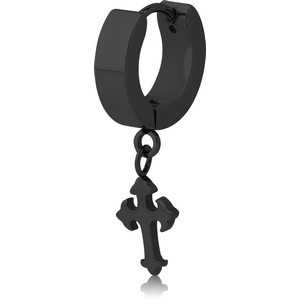 BLACK PVD COATED STAINLESS STEEL HUGGIES PAIR WITH DANGLING CROSS