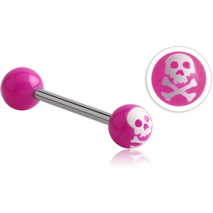 SURGICAL STEEL BARBELL WITH ACRYLIC SKULL PRINTED BALL