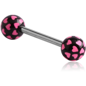 SURGICAL STEEL BARBELL WITH UV ACRYLIC MULTI HEART PRINTED BALL