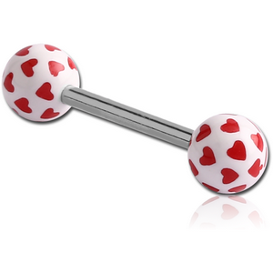 SURGICAL STEEL BARBELL WITH ACRYLIC HEART PRINTED BALL