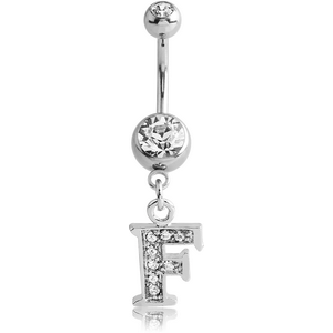 SURGICAL STEEL DOUBLE JEWELED NAVEL BANANA WITH JEWELED LETTER CHARM - F