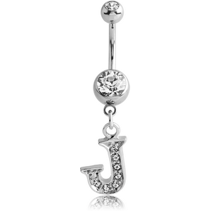 SURGICAL STEEL DOUBLE JEWELED NAVEL BANANA WITH JEWELED LETTER CHARM - J