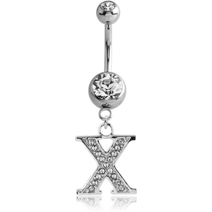 SURGICAL STEEL DOUBLE JEWELLED NAVEL BANANA WITH JEWELLED LETTER CHARM - X
