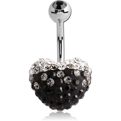 SURGICAL STEEL CRYSTALINE JEWELLED FROSTED HEART NAVEL BANANA WITH JEWELLED BALL