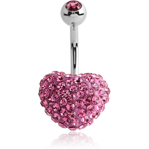 SURGICAL STEEL CRYSTALINE JEWELLED HEART NAVEL BANANA WITH JEWELLED BALL