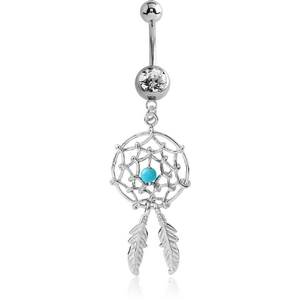 SURGICAL STEEL JEWELLED NAVEL BANANA WITH SILVER PLATED DREAMCATCHER FEATHERS CHARM