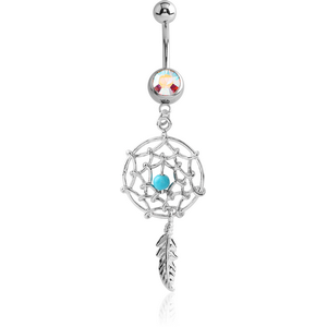 SURGICAL STEEL JEWELLED NAVEL BANANA WITH DREAMCATCHER FEATHER CHARM