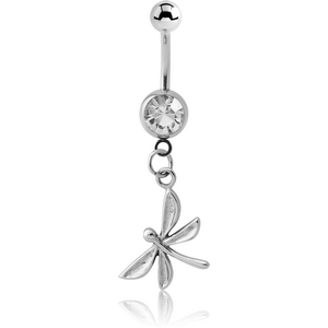SURGICAL STEEL JEWELLED NAVEL BANANA WITH CHARM - DRAGONFLY