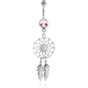 SURGICAL STEEL JEWELLED NAVEL BANANA WITH DANGLING CHARM - DREAMCATCHER FEATHER