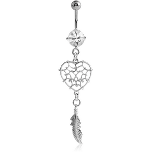 RHODIUM PLATED BRASS JEWELLED BUTTERFLY NAVEL BANANA WITH DANGLING CHARM - DREAMCATCHER HERAT AND FEATHER