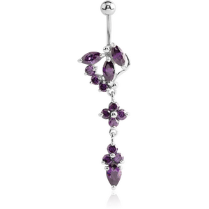 RHODIUM PLATED BRASS JEWELLED NAVEL BANANA WITH DANGLING CHARM - CROSS AND DROP