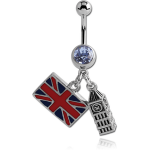 SURGICAL STEEL JEWELLED NAVEL BANANA WITH DANGLING ENAMEL CHARM - GREAT BRITAIN FLAG AND BIG BEN