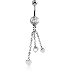 SURGICAL STEEL JEWELLED NAVEL BANANA WITH DANGLING CHARM - THREE HEARTS
