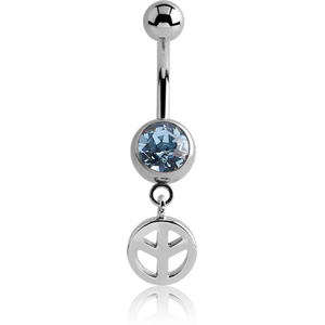 SURGICAL STEEL JEWELLED NAVEL BANANA WITH DANGLING CHARM - PEACE SIGN