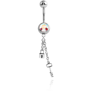 SURGICAL STEEL JEWELLED NAVEL BANANA WITH DANGLING CHARM - KEY AND LOCK