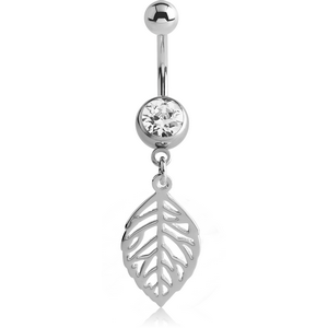 SURGICAL STEEL JEWELLED NAVEL BANANA WITH DANGLING SILVER PLATED CHARM - LEAF