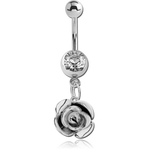 SURGICAL STEEL JEWELLED NAVEL BANANA WITH DANGLING CHARM - ROSE