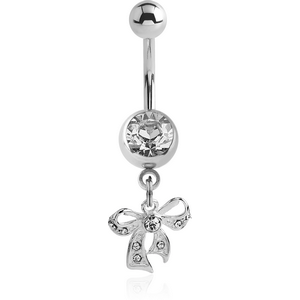 SURGICAL STEEL JEWELLED NAVEL BANANA WITH DANGLING CHARM - BOW
