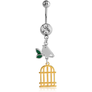 SURGICAL STEEL JEWELLED NAVEL BANANA WITH DANGLING ENAMEL AND GOLD PLATED CHARM - BIRD AND CAGE