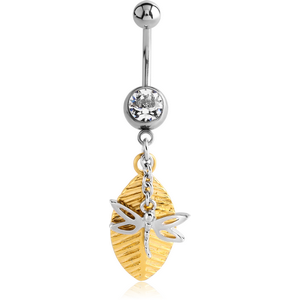 SURGICAL STEEL JEWELLED NAVEL BANANA WITH DANGLING GOLD PLATED CHARM - LEAF AND DRAGONFLY