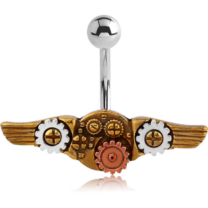 SURGICAL STEEL JEWELLED NAVEL BANANA WITH DANGLING BRASS WHITE METAL AND COPPER PARTS CHARM - STEAMPUNK