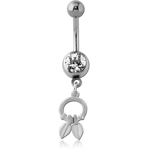 RHODIUM PLATED BRASS JEWELLED NAVEL BANANA WITH CHARM - CIRCLE AND LEAF