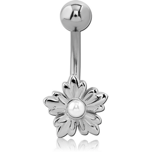 RHODIUM PLATED BRASS SYNTHETIC PEARL NAVEL BANANA - FLOWER