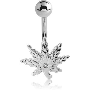 RHODIUM PLATED BRASS JEWELLED NAVEL BANANA - MARIJUANA LEAF