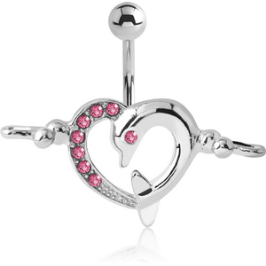 RHODIUM PLATED BRASS JEWELLED NAVEL BANANA - DOLPHIN HEART BELLY CLIP