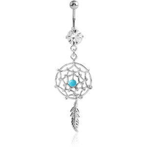 RHODIUM PLATED BRASS JEWELLED NAVEL BANANA WITH DANGLING CHARM - DREAMCATCHER FEATHER