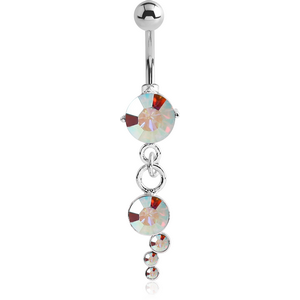 RHODIUM PLATED BRASS JEWELLED NAVEL BANANA WITH DANGLING CHARM - ROUND
